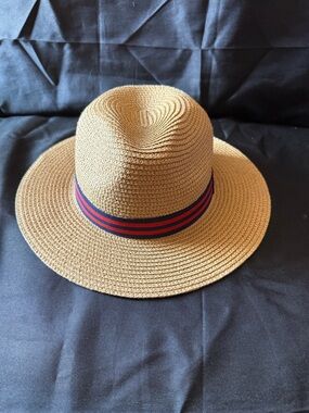 New PUGS Woven Straw Sun Hat with Navy & Red Band